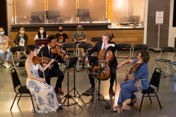 Viano Quartet performing Thomas Adès’ 'Arcadiana' in The Armory's lobby for CMNW 2022. Photo by Shawnte Sims.