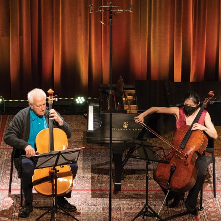 Cellists Fred Sherry and Sophie Shao performed Sherry's Bartók-inspired "8 Romanian Folk Dances" for Chamber Music Northwest's first New@Night concert at Alberta Rose Theatre, June 29 2022. Photo by Shawnte Sims.