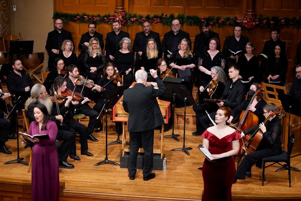 Portland Baroque Orchestra, Cappella Romana, conductor John Butt, and soloists (L to R: Camille Ortiz, Hannah Penn) performed Handel's Messiah at First Baptist Church in Portland. Photo by Joe Cantrell.