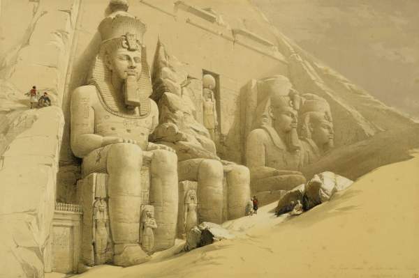 “The Great Temple of Aboo Simble," Abu Simbel, Nubia, November 9, 1838, by David Roberts, in collaboration with Louis Haghe, in “The Holy Land, Syria, Idumea, Arabia, Egypt, and Nubia,” vol. 4, 1842‒49, Royal Subscription Edition, (hand-colored lithograph, sheet size 16 7/16 by 23 15/16 inches, image size 12 7/8 by 19 1/4 inches). Collection of Ken and Linda Sheppard.