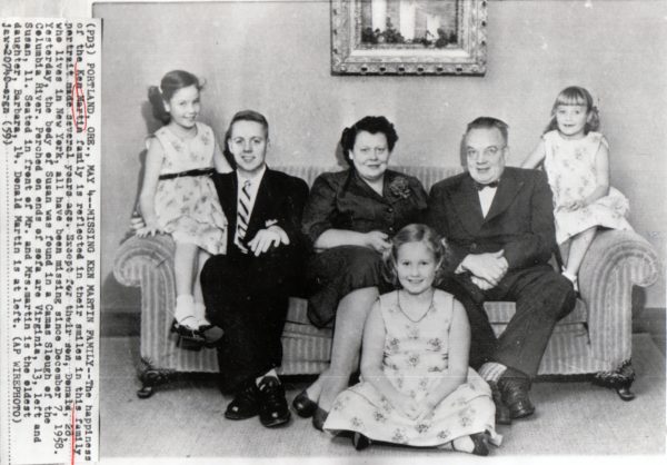 “The happiness of the Ken Martin family is reflected in their smiles” notes the caption of an AP Wirephoto published in May 1959, the day after the body of 11-year-old Susan (far right) was found in a Camas Slough. Other family members are (from left): Virginia, 13; son Donald (no age given); parents Barbara and Ken; and Barbara, 14 (seated on floor). Except for Donald, the family disappeared in December 1958 on a Christmas-tree outing. Photo courtesy: JB Fisher