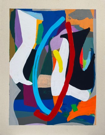 Abstract, brightly colored work with blue and red parentheses-like shapes at the center